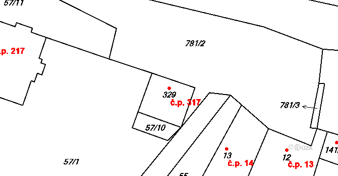 Lány 317 na parcele st. 329 v KÚ Lány, Katastrální mapa