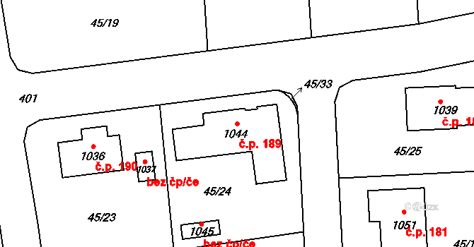 Popkovice 189, Pardubice na parcele st. 1044 v KÚ Popkovice, Katastrální mapa