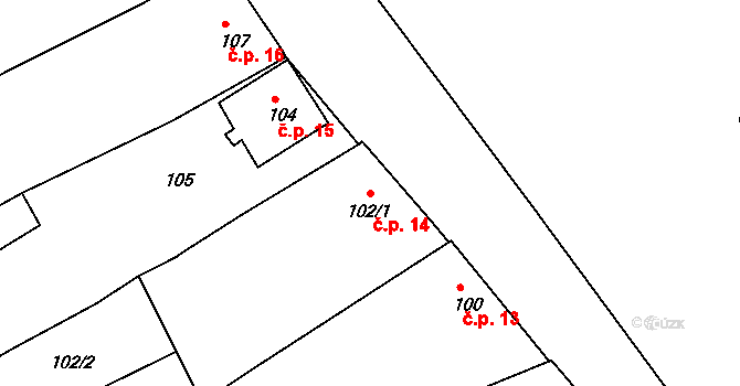 Bavory 14 na parcele st. 102/1 v KÚ Bavory, Katastrální mapa
