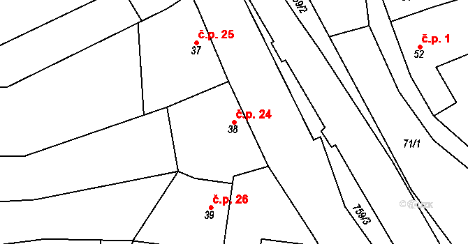 Hamry 24, Plumlov na parcele st. 38 v KÚ Hamry, Katastrální mapa
