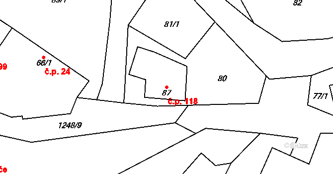 Střelice 118 na parcele st. 87 v KÚ Střelice u Jevišovic, Katastrální mapa