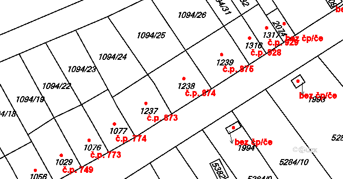 Jáchymov 874 na parcele st. 1238 v KÚ Jáchymov, Katastrální mapa