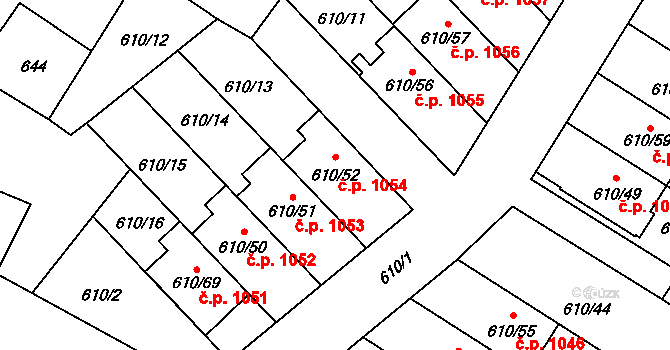 Sadská 1054 na parcele st. 610/52 v KÚ Sadská, Katastrální mapa