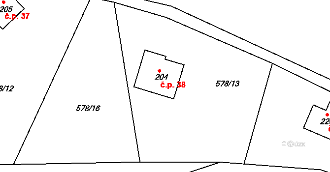 Zásadka 38, Boseň na parcele st. 204 v KÚ Boseň, Katastrální mapa