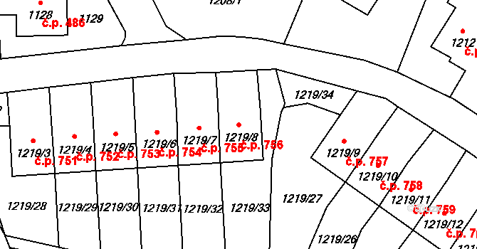 Doksy 756 na parcele st. 1219/8 v KÚ Doksy u Máchova jezera, Katastrální mapa