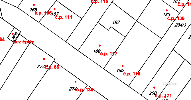 Kačice 117 na parcele st. 186 v KÚ Kačice, Katastrální mapa