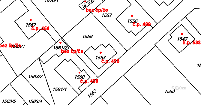 Arnultovice 496, Nový Bor na parcele st. 1558 v KÚ Arnultovice u Nového Boru, Katastrální mapa