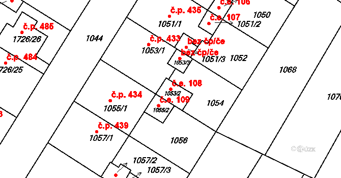 Hrušovany u Brna 108 na parcele st. 1053/2 v KÚ Hrušovany u Brna, Katastrální mapa