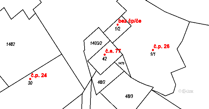 Lažany 77, Černošín na parcele st. 42 v KÚ Lažany u Černošína, Katastrální mapa