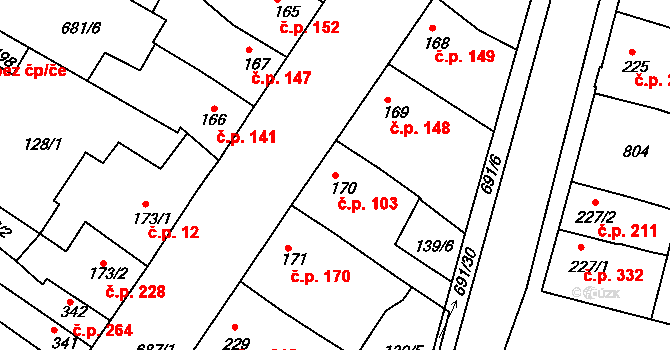 Nechanice 103 na parcele st. 170 v KÚ Nechanice, Katastrální mapa