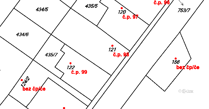 Střelice 98, Uničov na parcele st. 121 v KÚ Střelice u Litovle, Katastrální mapa