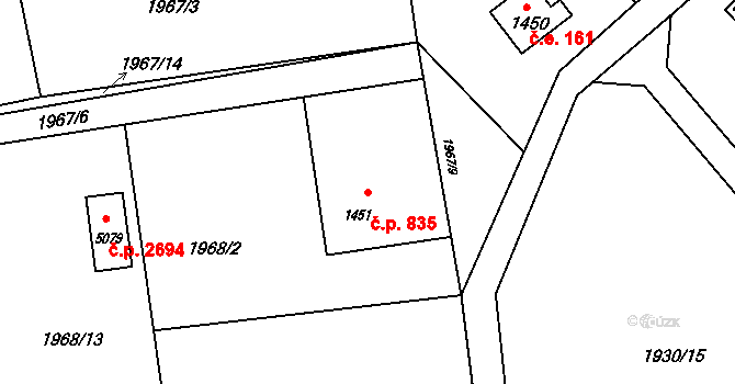 Rožnov pod Radhoštěm 835 na parcele st. 1451 v KÚ Rožnov pod Radhoštěm, Katastrální mapa