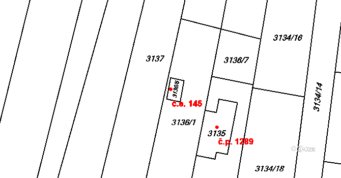 Komín 145, Brno na parcele st. 3136/6 v KÚ Komín, Katastrální mapa
