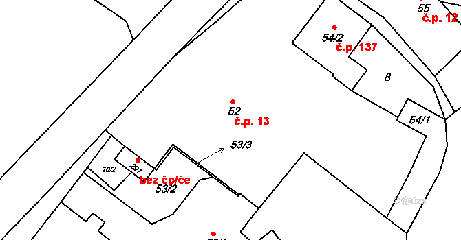 Ročov 13 na parcele st. 52 v KÚ Horní Ročov, Katastrální mapa