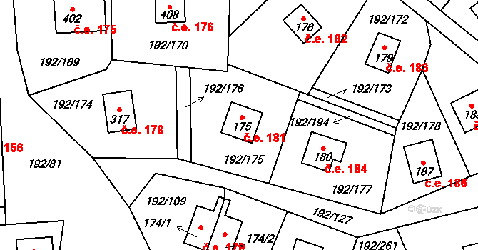 Dřenice 181, Cheb na parcele st. 175 v KÚ Dřenice u Chebu, Katastrální mapa