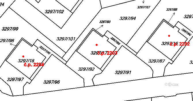 Strašnice 2203, Praha na parcele st. 3297/17 v KÚ Strašnice, Katastrální mapa