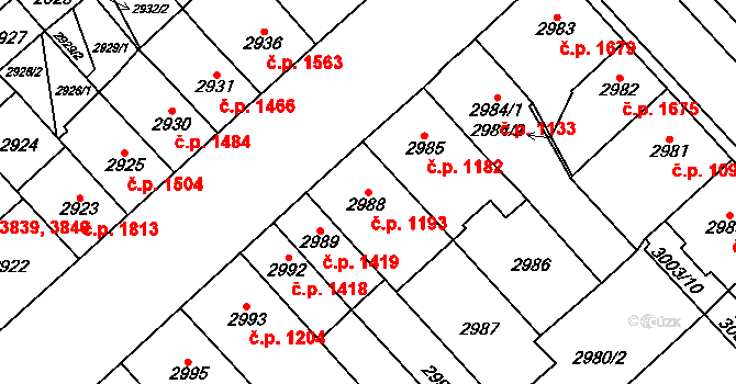 Chomutov 1193 na parcele st. 2988 v KÚ Chomutov I, Katastrální mapa
