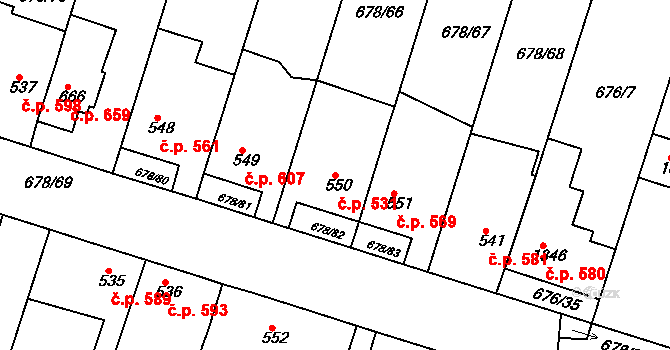 Rosice 531 na parcele st. 550 v KÚ Rosice u Brna, Katastrální mapa