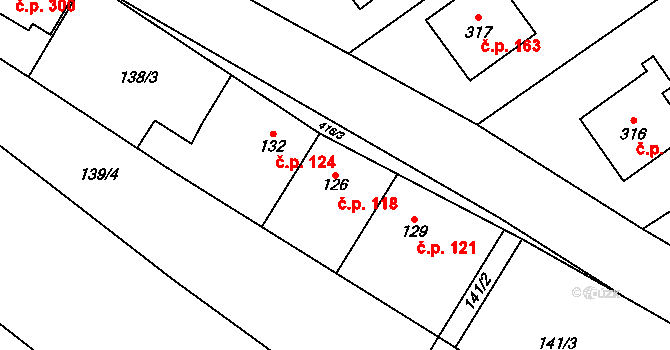 Hostěnice 118 na parcele st. 126 v KÚ Hostěnice, Katastrální mapa