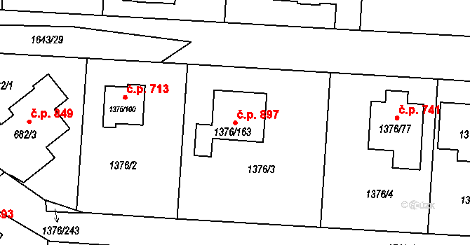 Řeporyje 897, Praha na parcele st. 1376/163 v KÚ Řeporyje, Katastrální mapa