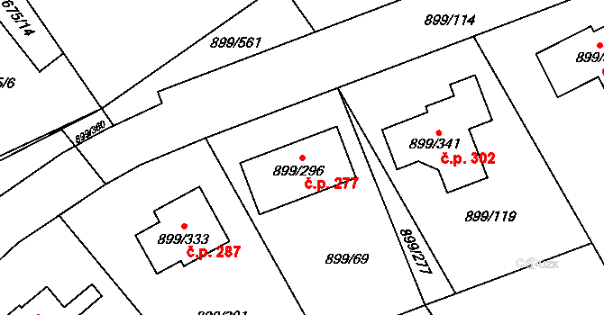 Skorotice 277, Ústí nad Labem na parcele st. 899/296 v KÚ Skorotice u Ústí nad Labem, Katastrální mapa