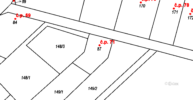 Láz 71 na parcele st. 87 v KÚ Láz u Nových Syrovic, Katastrální mapa