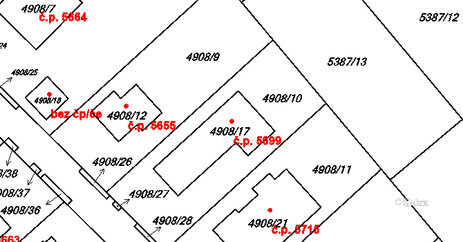 Chomutov 5699 na parcele st. 4908/17 v KÚ Chomutov I, Katastrální mapa
