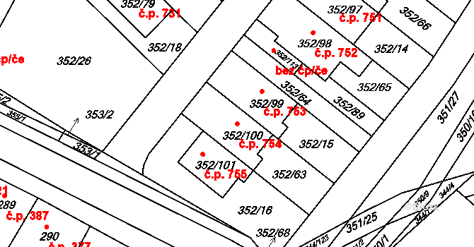 Hrušovany u Brna 754 na parcele st. 352/100 v KÚ Hrušovany u Brna, Katastrální mapa