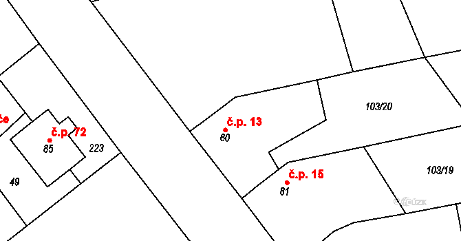 Horky 13, Želetava na parcele st. 60 v KÚ Horky u Želetavy, Katastrální mapa