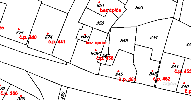 Jemnice 450 na parcele st. 848/1 v KÚ Jemnice, Katastrální mapa