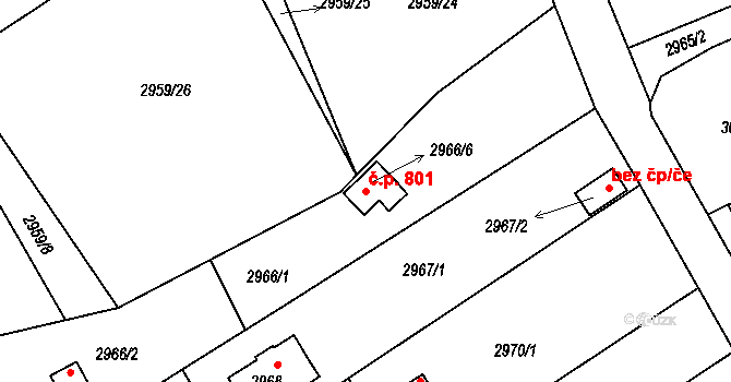 Planá nad Lužnicí 801 na parcele st. 2966/6 v KÚ Planá nad Lužnicí, Katastrální mapa