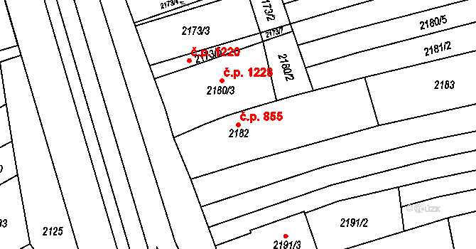 Vlčnov 855 na parcele st. 2182 v KÚ Vlčnov, Katastrální mapa