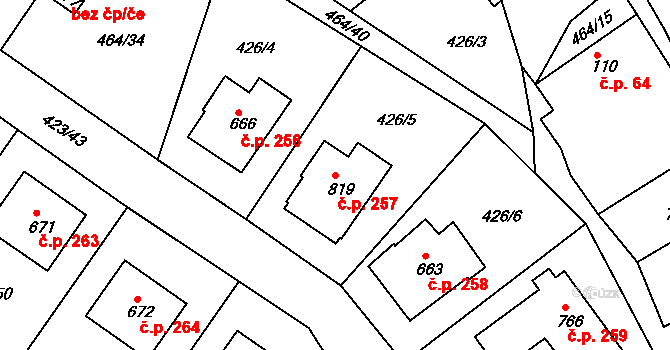 Prachovice 257 na parcele st. 819 v KÚ Prachovice, Katastrální mapa