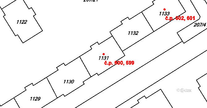 Horní Bříza 599,600 na parcele st. 1131 v KÚ Horní Bříza, Katastrální mapa