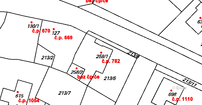 Rudná 782 na parcele st. 258/1 v KÚ Hořelice, Katastrální mapa