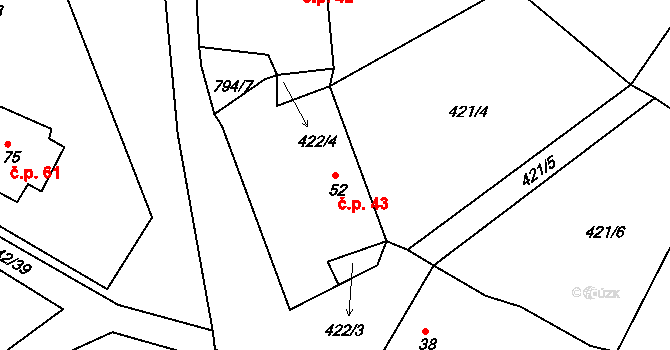 Plískov 43 na parcele st. 52 v KÚ Plískov, Katastrální mapa