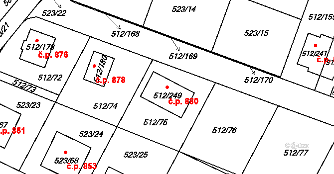 Srubec 880 na parcele st. 512/249 v KÚ Srubec, Katastrální mapa