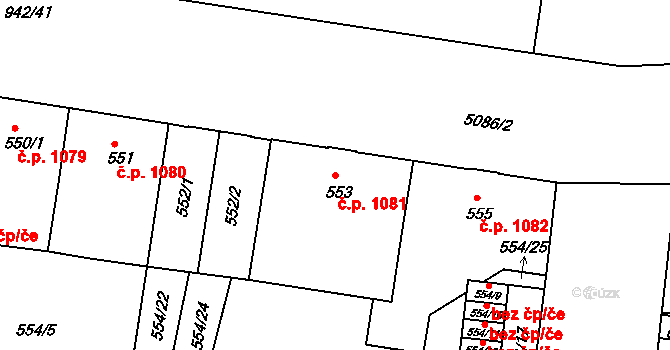 Louny 1081 na parcele st. 553 v KÚ Louny, Katastrální mapa