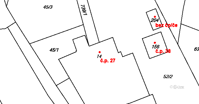 Pulice 27, Dobruška na parcele st. 14 v KÚ Pulice, Katastrální mapa