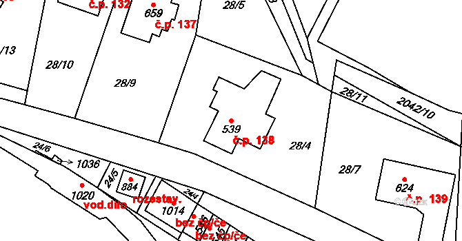 Mladé Buky 138 na parcele st. 539 v KÚ Mladé Buky, Katastrální mapa