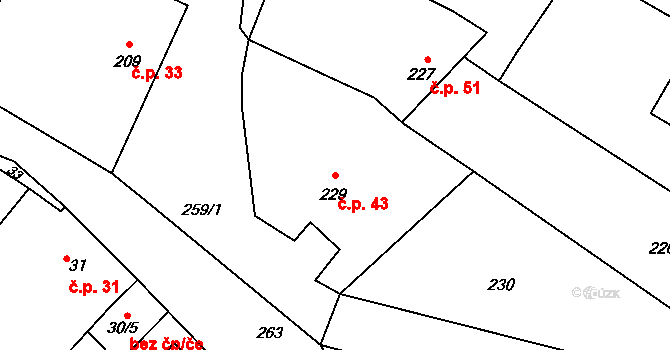 Horní Lapač 43 na parcele st. 229 v KÚ Horní Lapač, Katastrální mapa