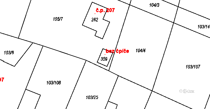 Břežany II 106953095 na parcele st. 359 v KÚ Břežany II, Katastrální mapa