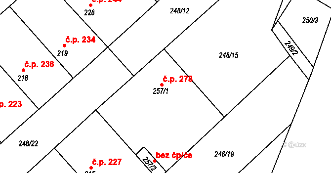 Činěves 278 na parcele st. 257/1 v KÚ Činěves, Katastrální mapa