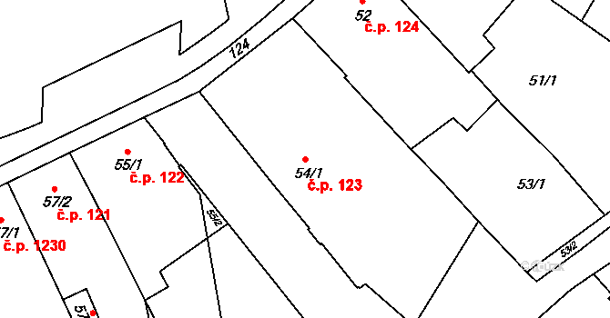 Hulín 123 na parcele st. 54/1 v KÚ Hulín, Katastrální mapa