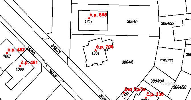 Žichlínské Předměstí 706, Lanškroun na parcele st. 1381 v KÚ Lanškroun, Katastrální mapa