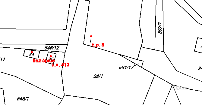 Skočova Lhota 8, Malá Roudka na parcele st. 1 v KÚ Skočova Lhota, Katastrální mapa