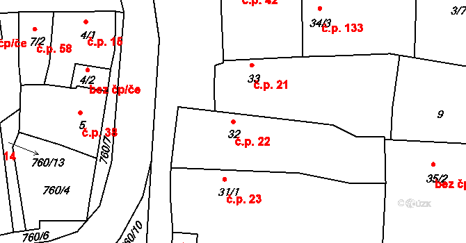 Vršovice 22 na parcele st. 32 v KÚ Vršovice u Loun, Katastrální mapa
