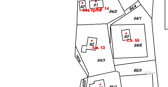 Svahová 13, Boleboř na parcele st. 62 v KÚ Svahová, Katastrální mapa
