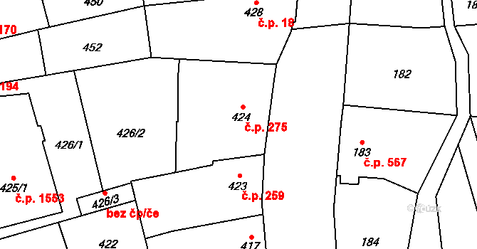 Uhříněves 275, Praha na parcele st. 424 v KÚ Uhříněves, Katastrální mapa