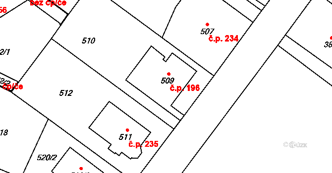Kyje 196, Praha na parcele st. 509 v KÚ Kyje, Katastrální mapa